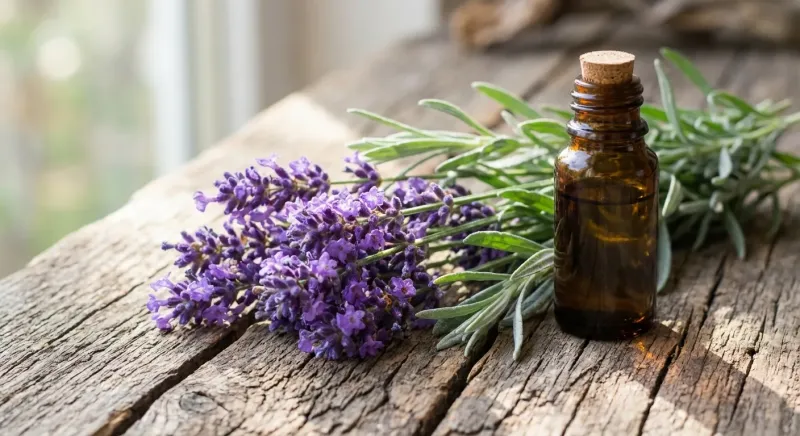 Gros plan sur des épis floraux violets de lavande fine posés près d'un flacon d'huile essentielle de lavande.