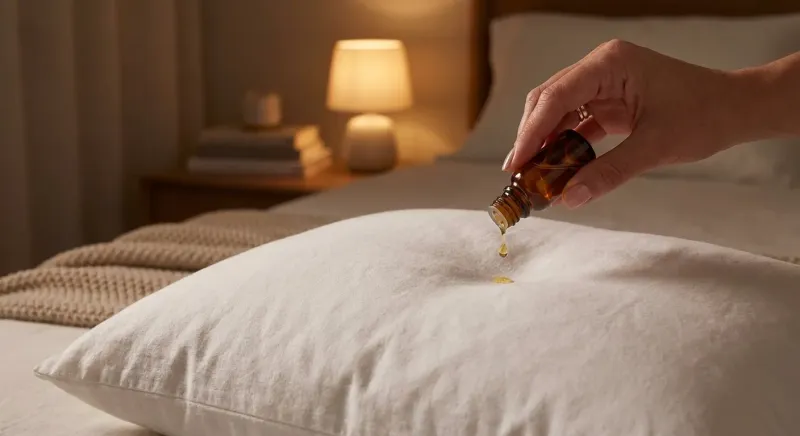 Goutte d'huile essentielle de lavande tombant d'un flacon compte-gouttes sur le coin d'un oreiller blanc.