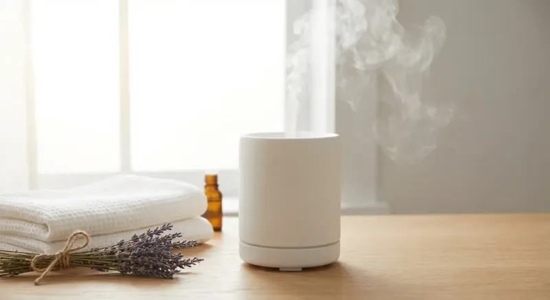 Flacon ambré d'huile essentielle de lavande et brins fleuris posés près d'un diffuseur de brume apaisante.