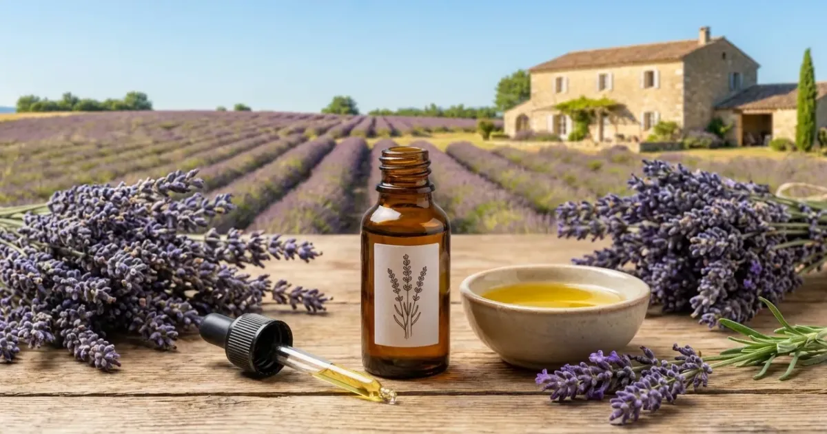 Flacon en verre ambré d'huile essentielle de lavande entouré de fleurs fraîches violettes sur une table en bois.